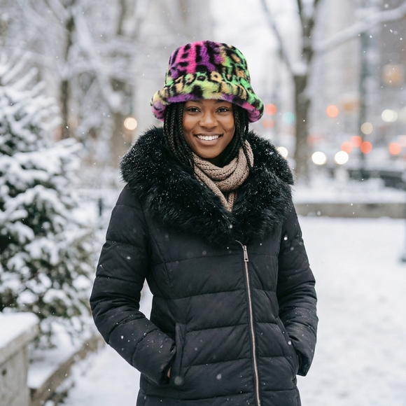 Faux Fur Bucket Hat Multicolor Leopard Print - Picture 12 of 15